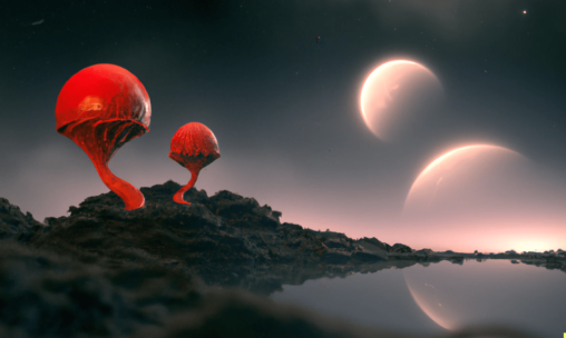DALL·E-2022-10-12-10.56.08-photorealistic.-Red-alien-lifeform-in-form-of-fungus-growing-over-alien-planets-surface.-Dark-image-with-two-alien-moons-on-the-sky.-