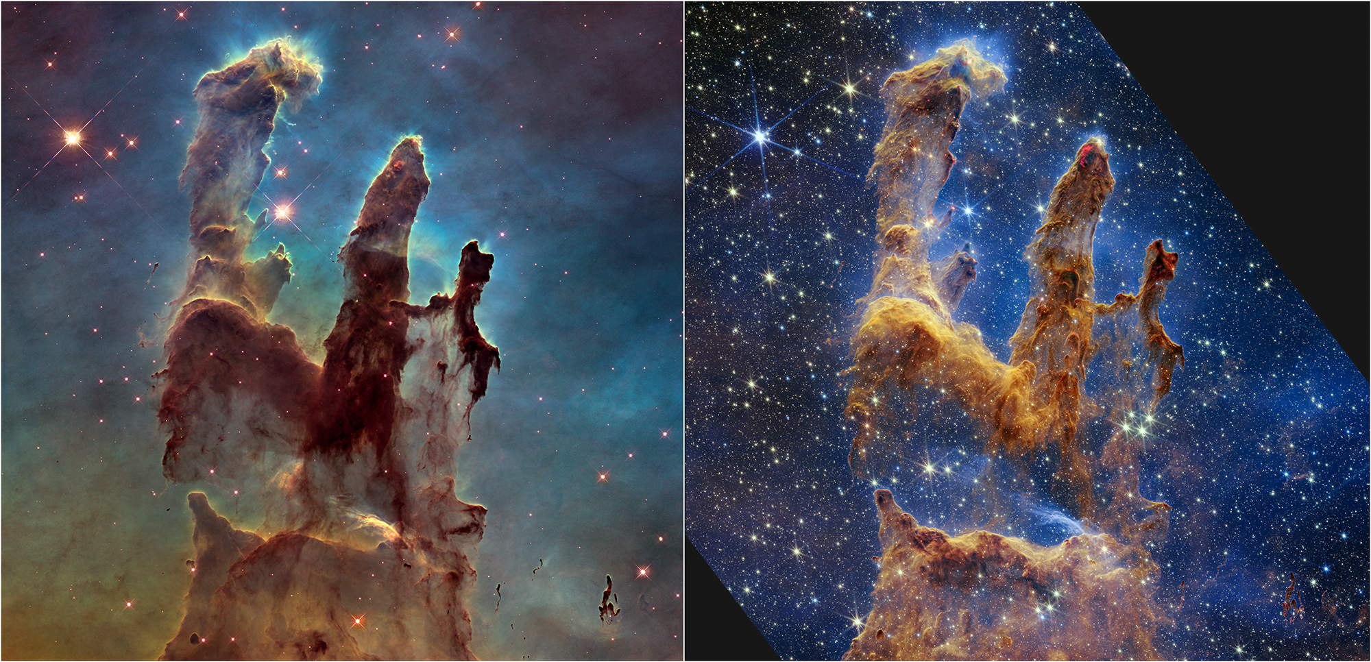 Filary Stworzenia w mgławicy Orła widok z Hubble (lewa) i Webba (prawa)